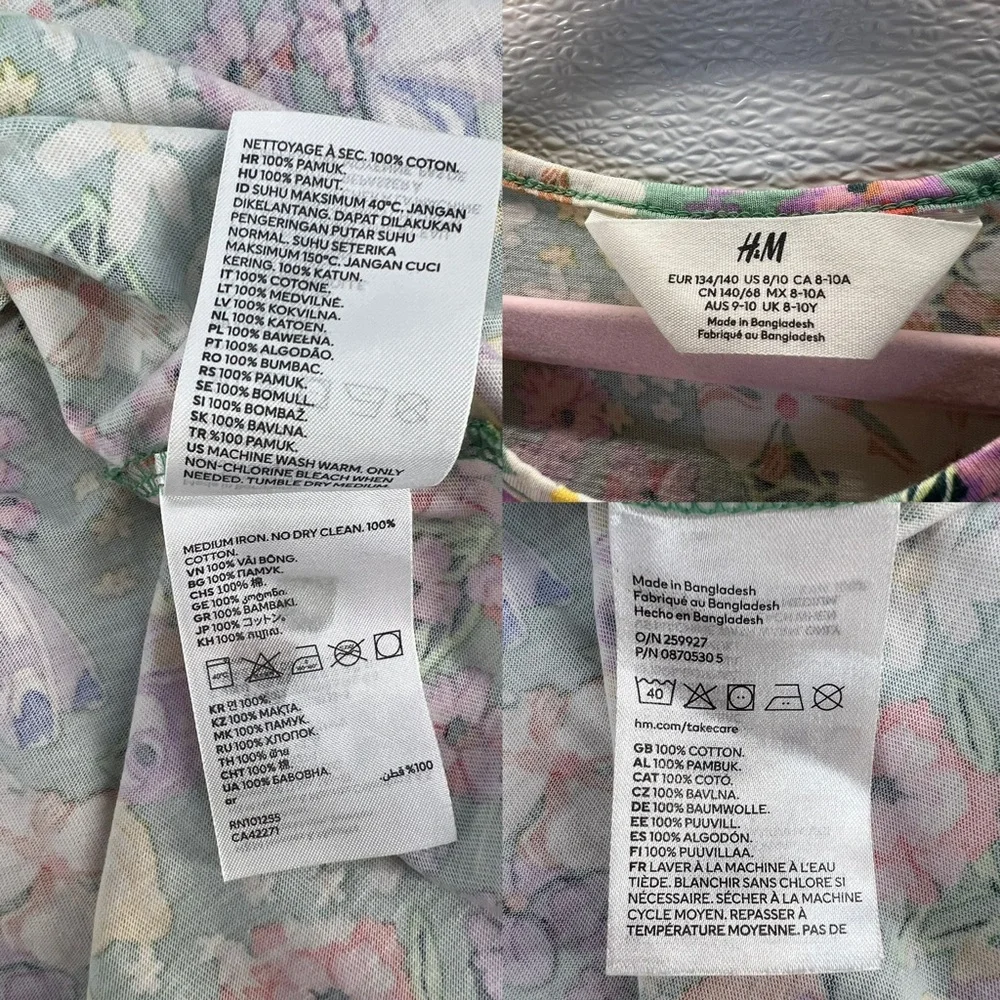 H&M Girls Floral Butterfly Print Dress Size 8-10Y Green‎ Spring Summer Cotton